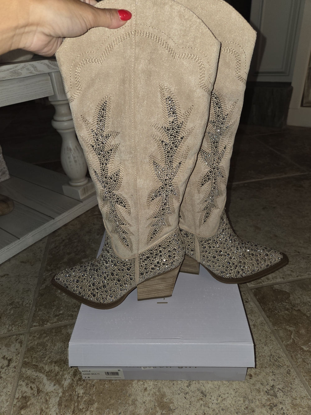 Madden Girl Beige Suede Crystal Embellished Western Knee Boots